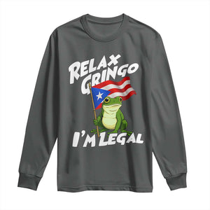 Funny Relax Gringo I Am Legal Long Sleeve Shirt Puerto Rico Flag Coqui Frog TS11 Dark Heather Print Your Wear