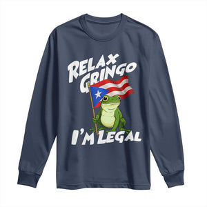 Funny Relax Gringo I Am Legal Long Sleeve Shirt Puerto Rico Flag Coqui Frog TS11 Navy Print Your Wear