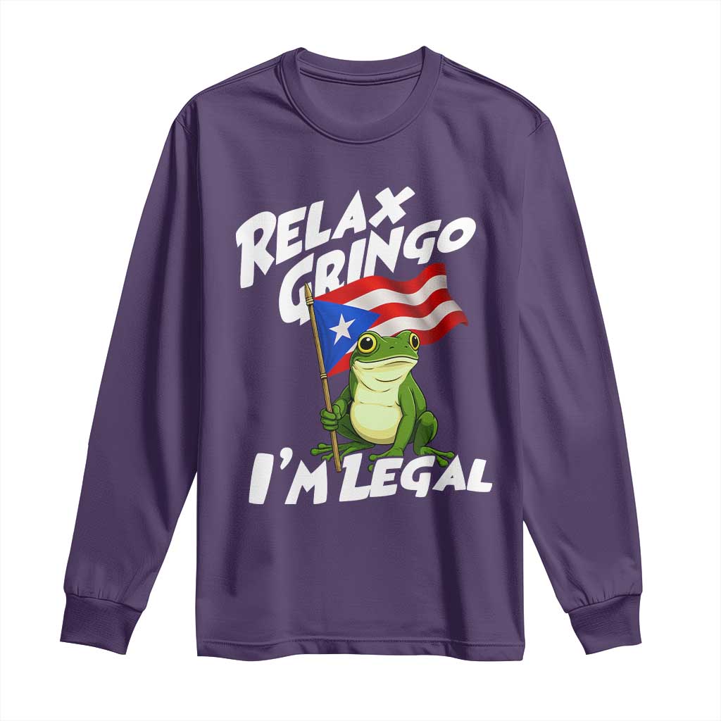 Funny Relax Gringo I Am Legal Long Sleeve Shirt Puerto Rico Flag Coqui Frog TS11 Purple Print Your Wear