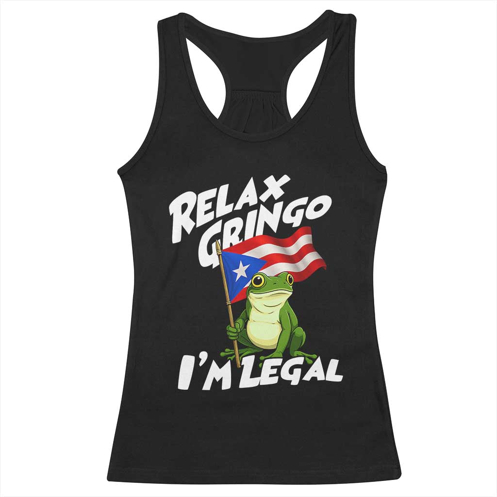 Funny Relax Gringo I Am Legal Racerback Tank Top Puerto Rico Flag Coqui Frog TS11 Black Print Your Wear