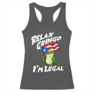 Funny Relax Gringo I Am Legal Racerback Tank Top Puerto Rico Flag Coqui Frog TS11 Dark Heather Print Your Wear