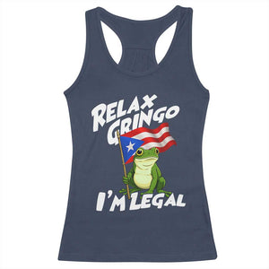 Funny Relax Gringo I Am Legal Racerback Tank Top Puerto Rico Flag Coqui Frog TS11 Navy Print Your Wear