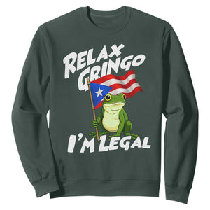 Funny Relax Gringo I Am Legal Sweatshirt Puerto Rico Flag Coqui Frog TS11 Dark Forest Green Print Your Wear