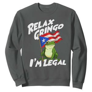 Funny Relax Gringo I Am Legal Sweatshirt Puerto Rico Flag Coqui Frog TS11 Dark Heather Print Your Wear