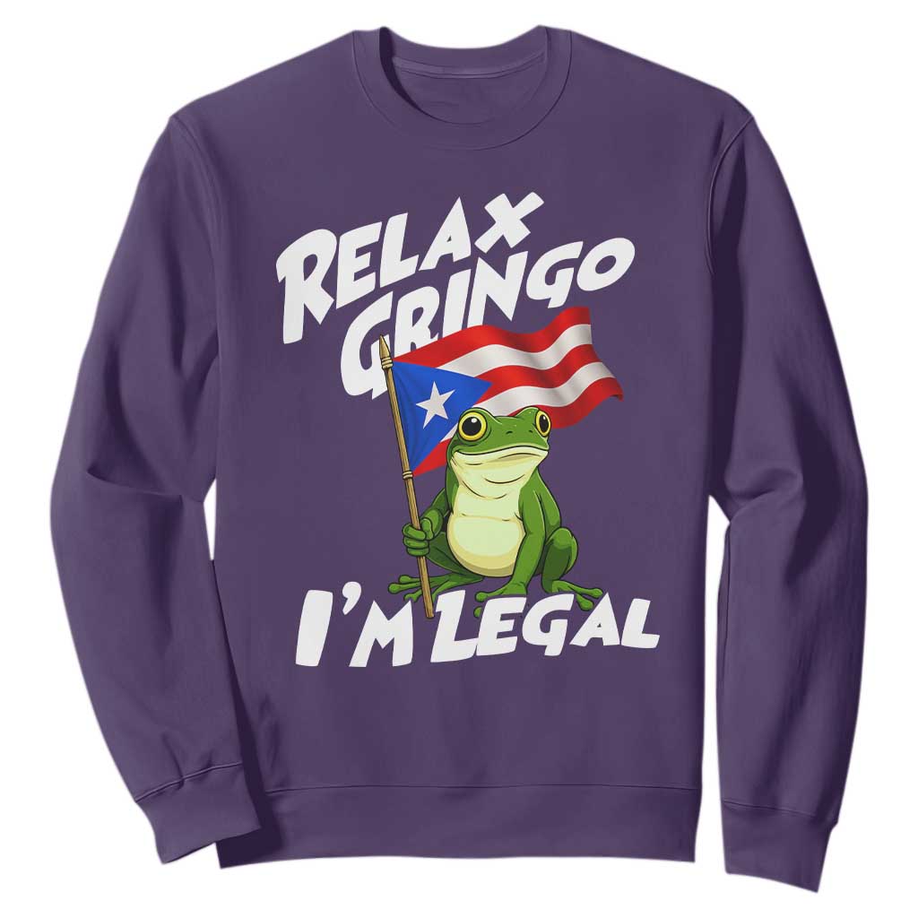 Funny Relax Gringo I Am Legal Sweatshirt Puerto Rico Flag Coqui Frog TS11 Purple Print Your Wear