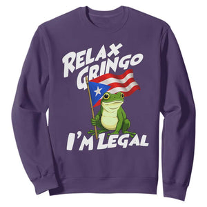 Funny Relax Gringo I Am Legal Sweatshirt Puerto Rico Flag Coqui Frog TS11 Purple Print Your Wear