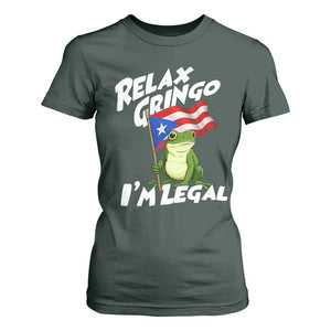 Funny Relax Gringo I Am Legal T Shirt For Women Puerto Rico Flag Coqui Frog TS11 Dark Forest Green Print Your Wear