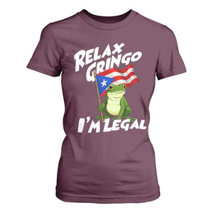 Funny Relax Gringo I Am Legal T Shirt For Women Puerto Rico Flag Coqui Frog TS11 Maroon Print Your Wear