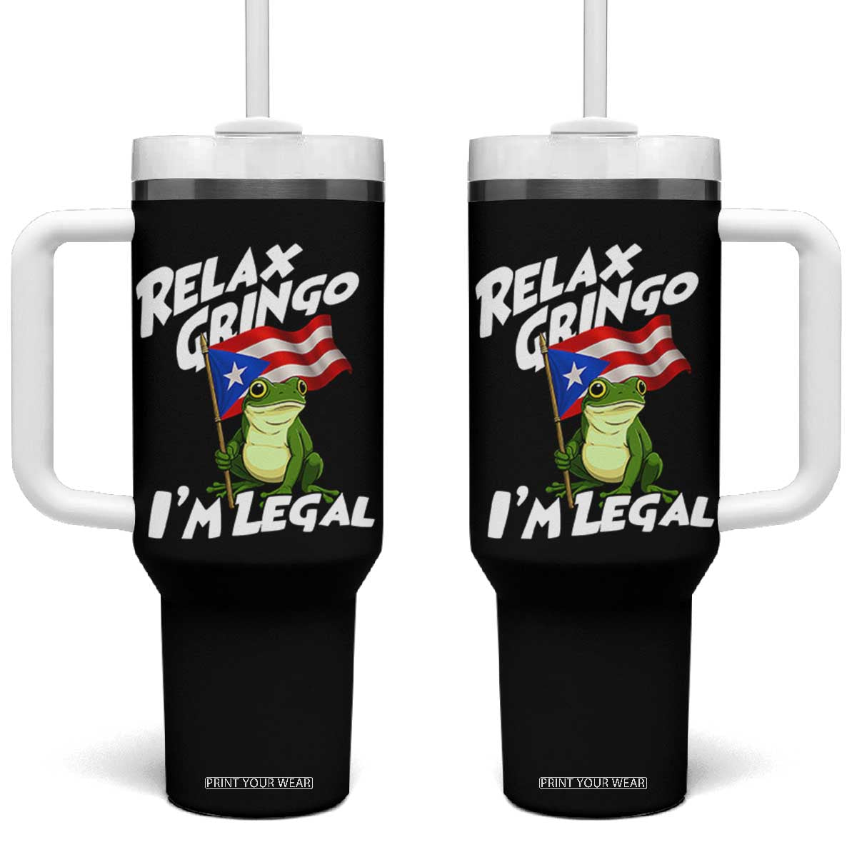 Funny Relax Gringo I Am Legal Tumbler With Handle Puerto Rico Flag Coqui Frog TS11 One Size: 40 oz Black Print Your Wear