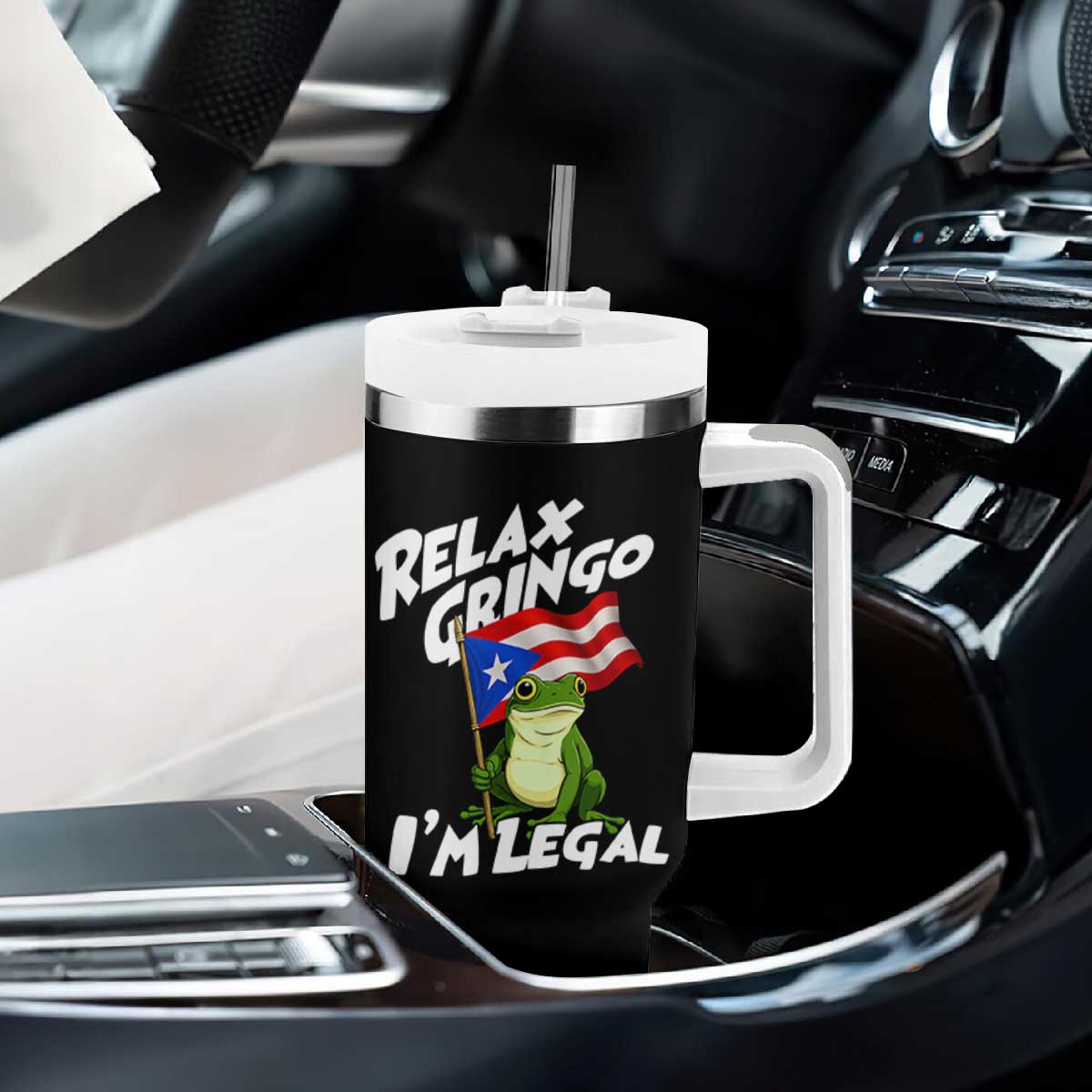 Funny Relax Gringo I Am Legal Tumbler With Handle Puerto Rico Flag Coqui Frog TS11 Print Your Wear