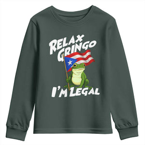 Funny Relax Gringo I Am Legal Youth Sweatshirt Puerto Rico Flag Coqui Frog TS11 Dark Forest Green Print Your Wear