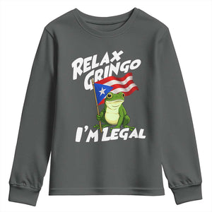 Funny Relax Gringo I Am Legal Youth Sweatshirt Puerto Rico Flag Coqui Frog TS11 Dark Heather Print Your Wear