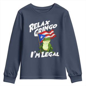 Funny Relax Gringo I Am Legal Youth Sweatshirt Puerto Rico Flag Coqui Frog TS11 Navy Print Your Wear