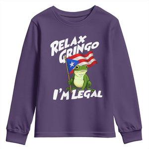 Funny Relax Gringo I Am Legal Youth Sweatshirt Puerto Rico Flag Coqui Frog TS11 Purple Print Your Wear