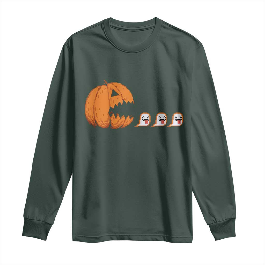 Funny Halloween Gamer Video Gaming Pumpkin Ghost Long Sleeve Shirt TS11 Dark Forest Green Print Your Wear