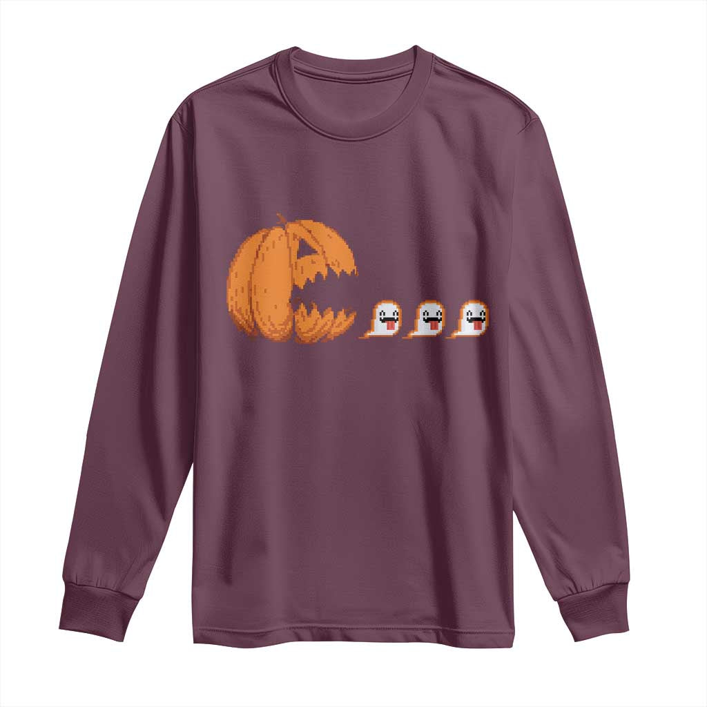 Funny Halloween Gamer Video Gaming Pumpkin Ghost Long Sleeve Shirt TS11 Maroon Print Your Wear