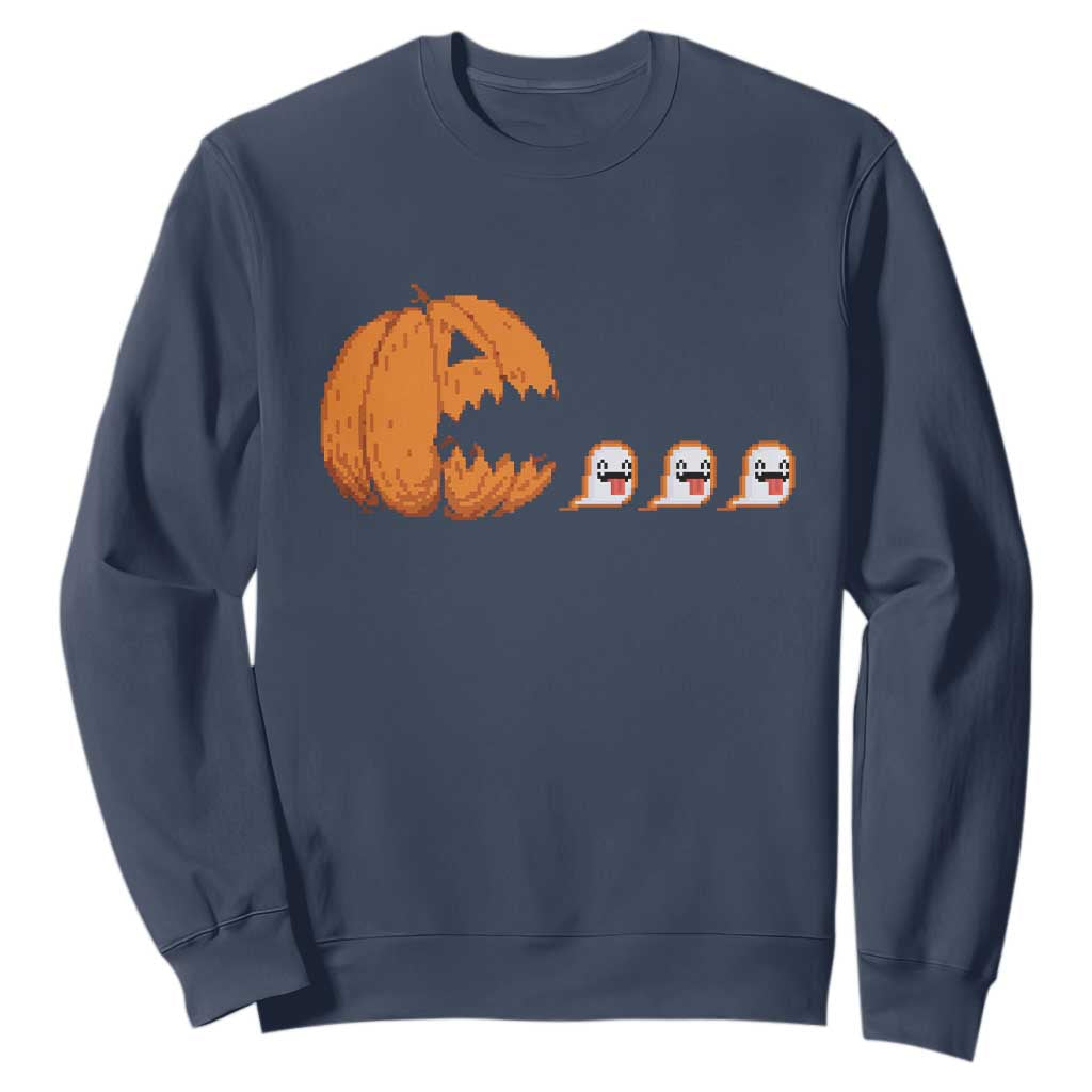 Funny Halloween Gamer Video Gaming Pumpkin Ghost Sweatshirt TS11 Navy Print Your Wear