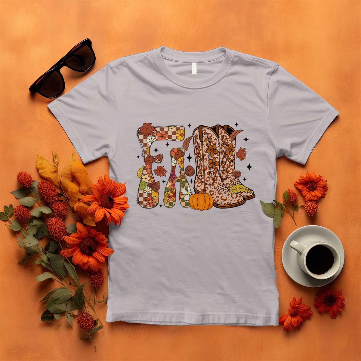 Cowboy Fall Season Thanksgiving Western Boots Pumpkin T Shirt TS11 Ice Gray Print Your Wear