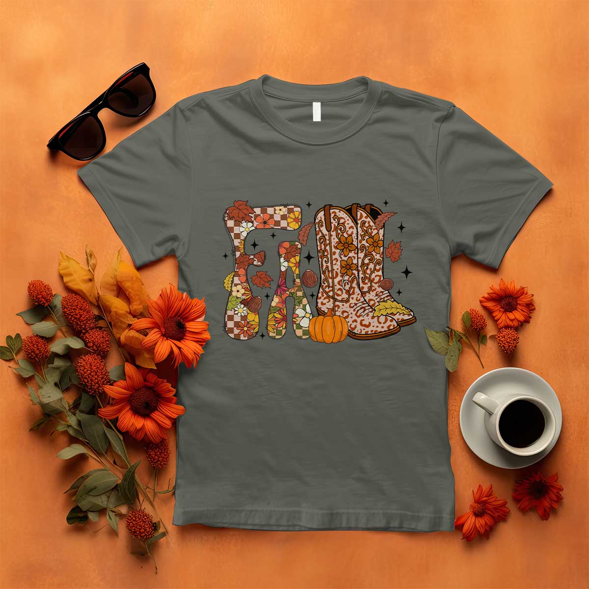 Cowboy Fall Season Thanksgiving Western Boots Pumpkin T Shirt TS11 Military Green Print Your Wear
