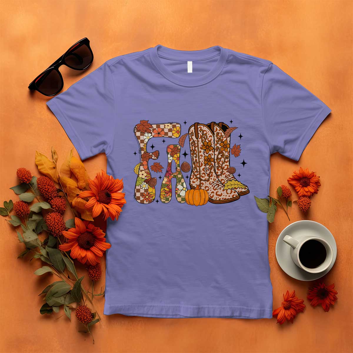 Cowboy Fall Season Thanksgiving Western Boots Pumpkin T Shirt TS11 Violet Print Your Wear