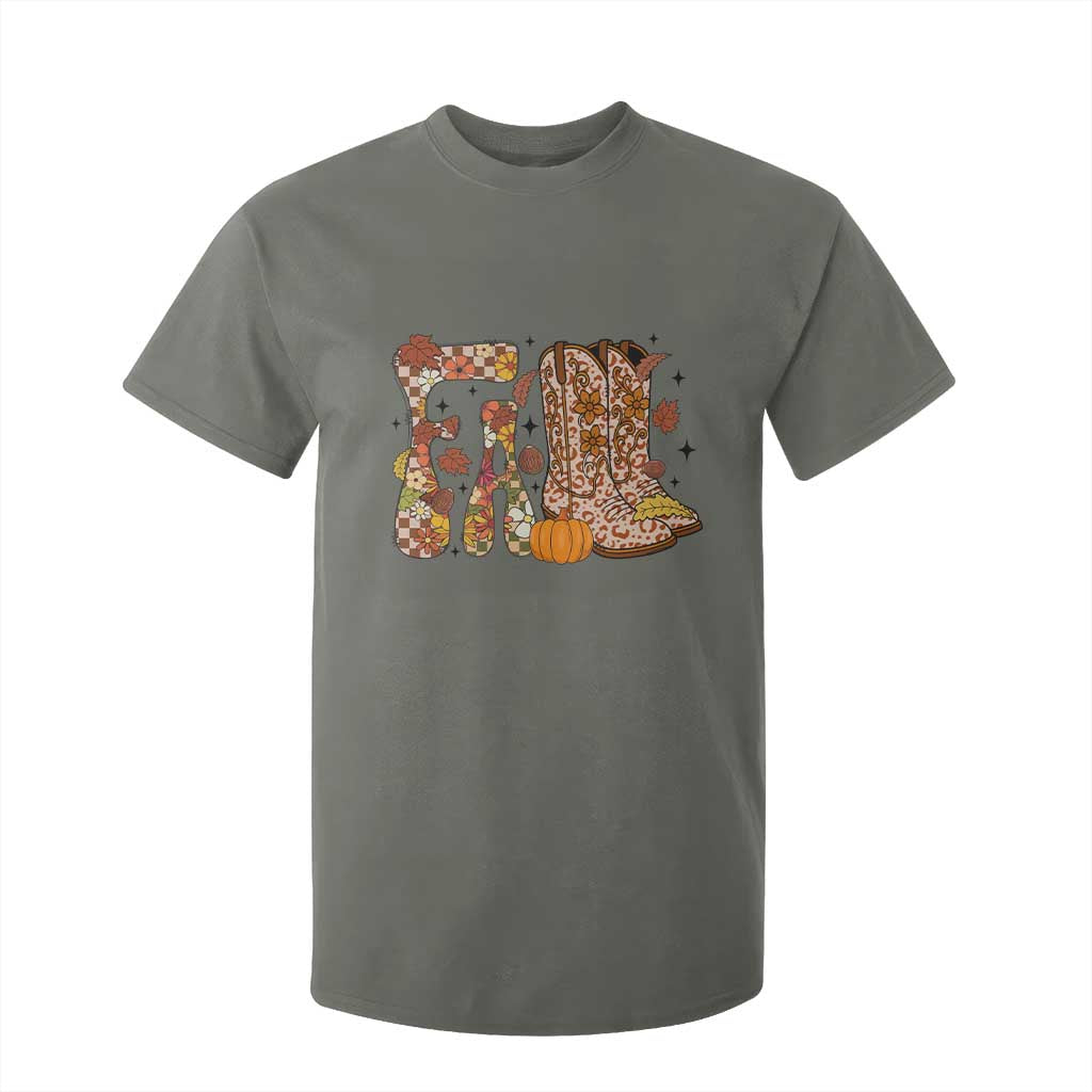 Cowboy Fall Season Thanksgiving Western Boots Pumpkin T Shirt For Kid TS11 Military Green Print Your Wear