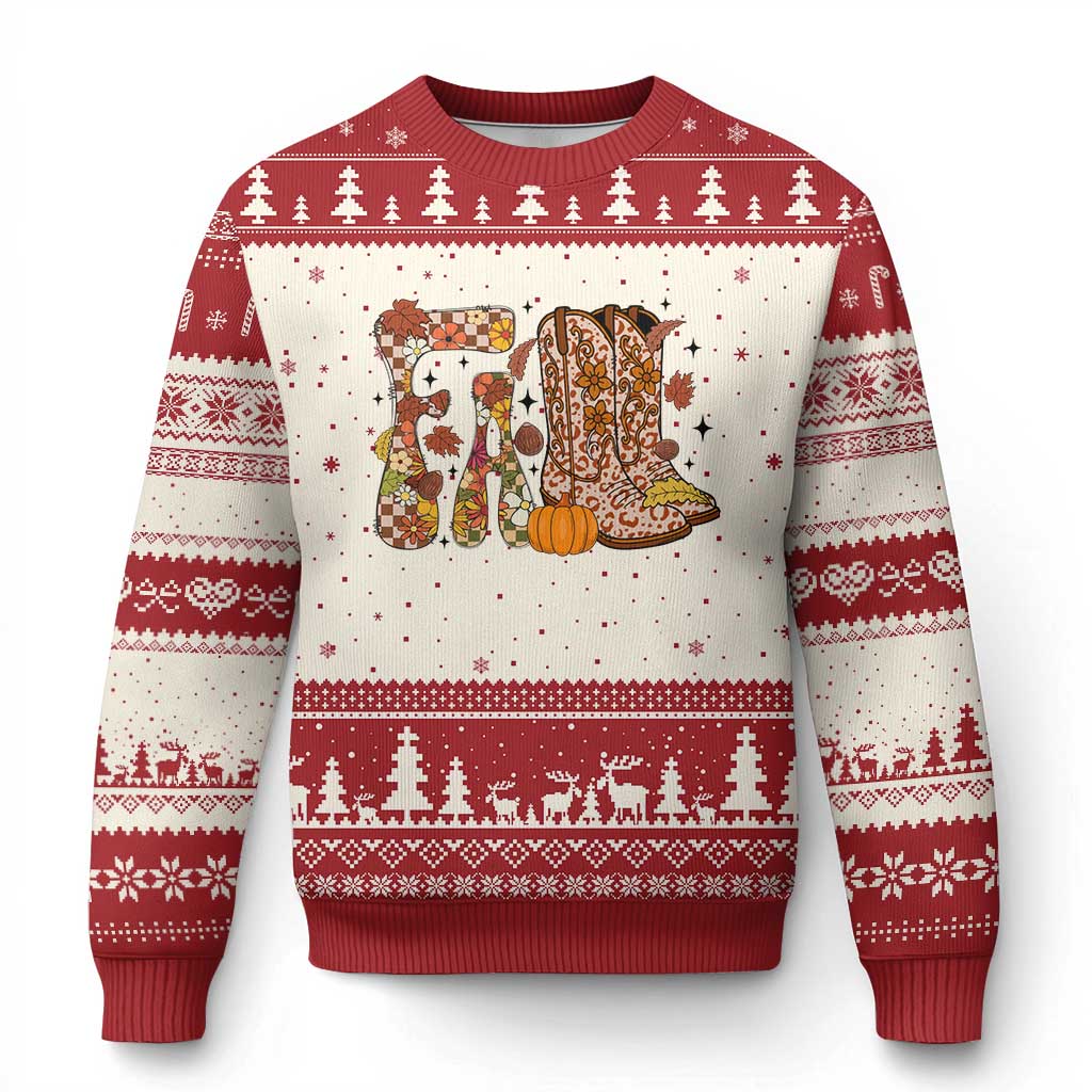 Cowboy Fall Season Thanksgiving Western Boots Pumpkin Ugly Christmas Sweater TS11 Beige Red Print Your Wear