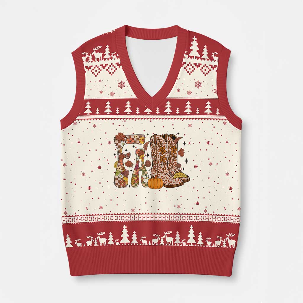 Cowboy Fall Season Thanksgiving Western Boots Pumpkin V-Neck Knit Sweater Vest TS11 Beige Red Print Your Wear