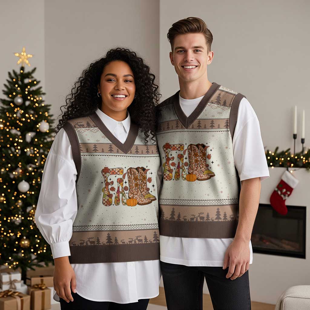 Cowboy Fall Season Thanksgiving Western Boots Pumpkin V-Neck Knit Sweater Vest TS11 Mocha Mousse Print Your Wear