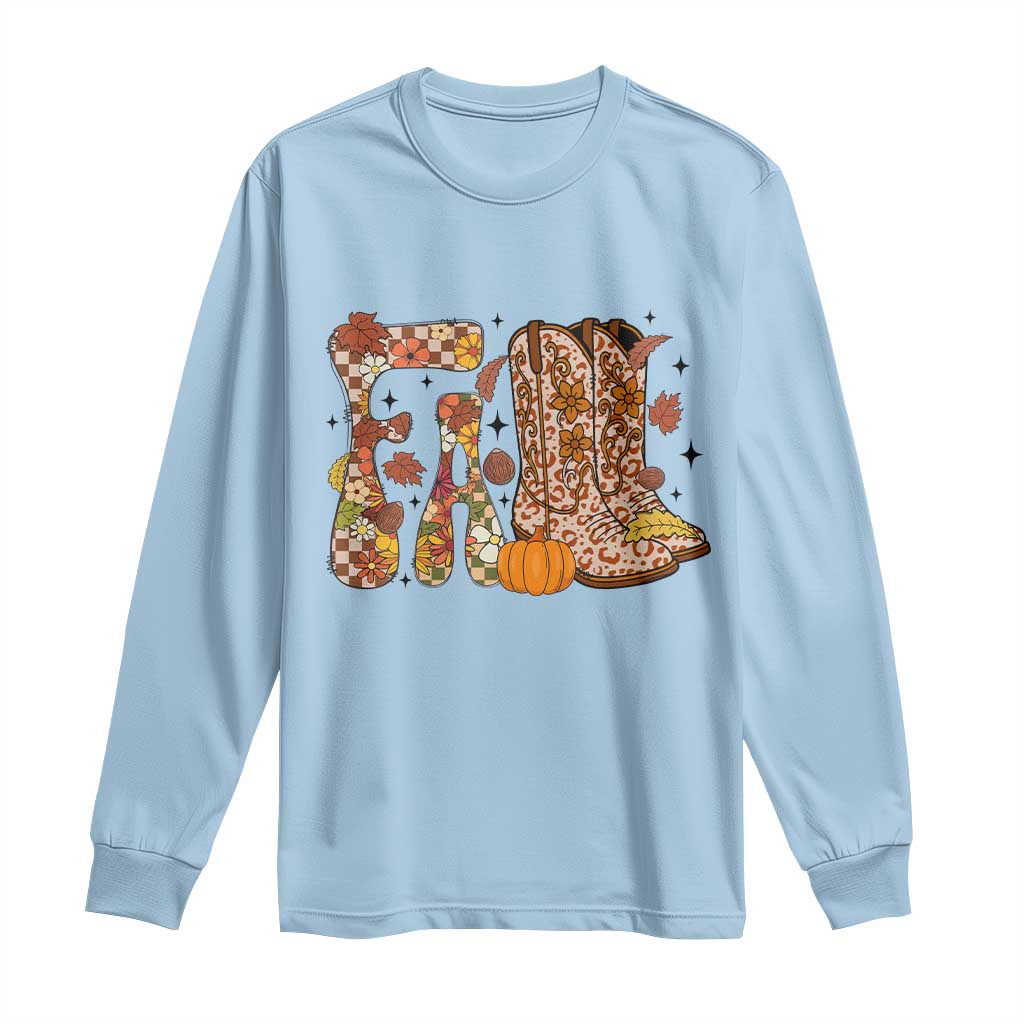 Cowboy Fall Season Thanksgiving Western Boots Pumpkin Long Sleeve Shirt TS11 Light Blue Print Your Wear