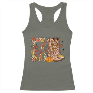 Cowboy Fall Season Thanksgiving Western Boots Pumpkin Racerback Tank Top TS11 Military Green Print Your Wear
