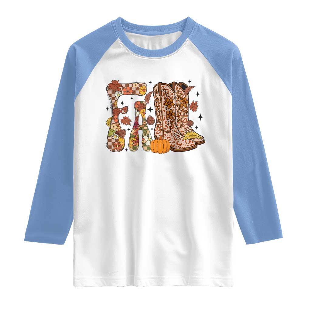 Cowboy Fall Season Thanksgiving Western Boots Pumpkin Raglan Shirt TS11 White Carolina Blue Print Your Wear