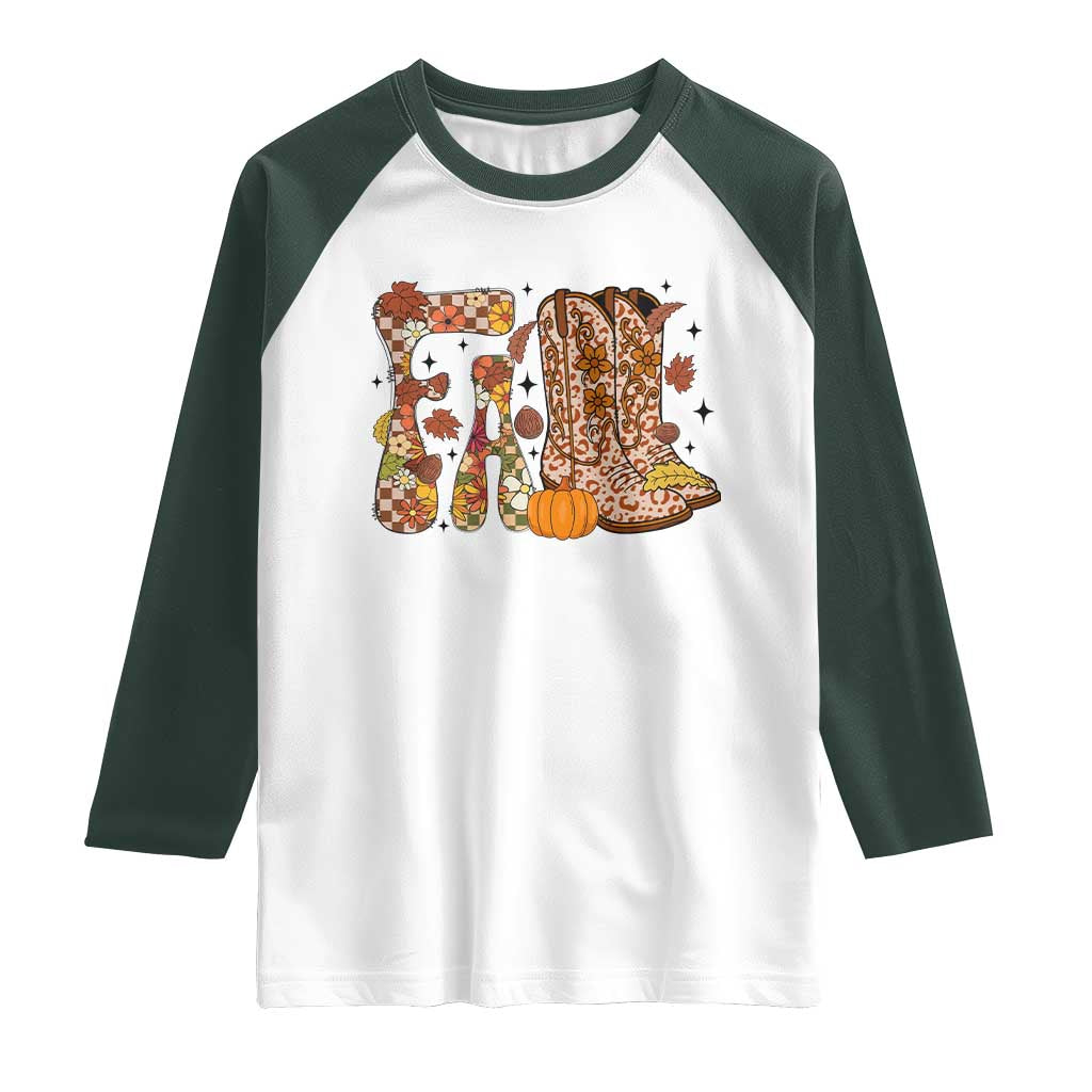 Cowboy Fall Season Thanksgiving Western Boots Pumpkin Raglan Shirt TS11 White Dark Forest Green Print Your Wear