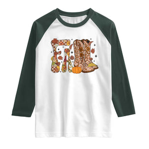 Cowboy Fall Season Thanksgiving Western Boots Pumpkin Raglan Shirt TS11 White Dark Forest Green Print Your Wear