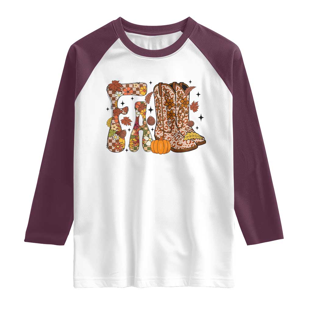 Cowboy Fall Season Thanksgiving Western Boots Pumpkin Raglan Shirt TS11 White Maroon Print Your Wear