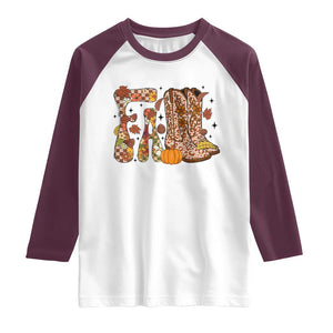 Cowboy Fall Season Thanksgiving Western Boots Pumpkin Raglan Shirt TS11 White Maroon Print Your Wear