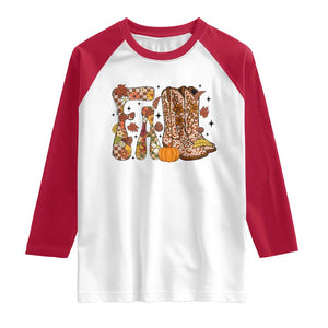 Cowboy Fall Season Thanksgiving Western Boots Pumpkin Raglan Shirt TS11 White Red Print Your Wear