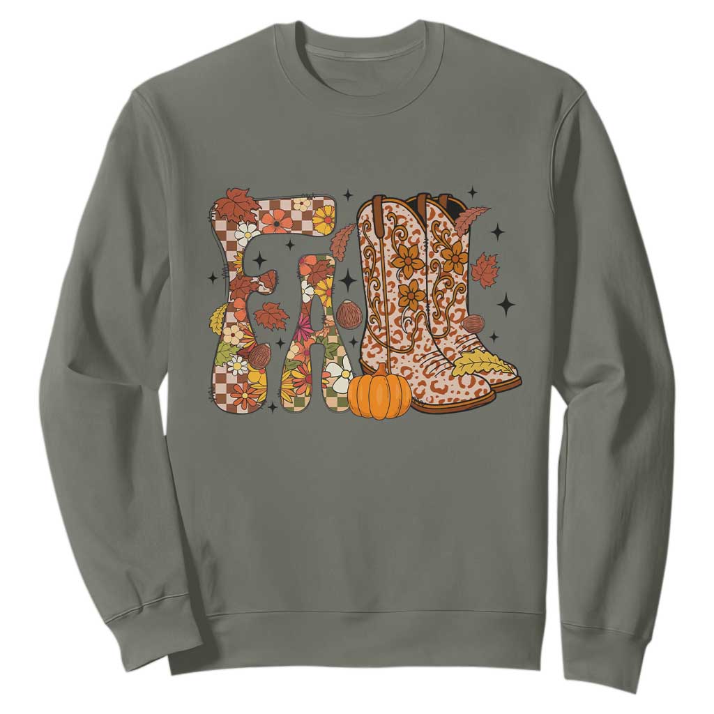 Cowboy Fall Season Thanksgiving Western Boots Pumpkin Sweatshirt TS11 Military Green Print Your Wear