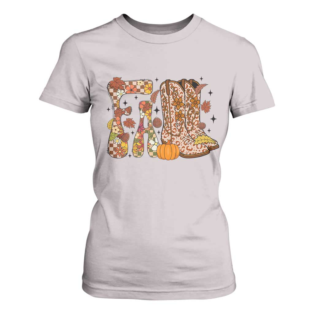 Cowboy Fall Season Thanksgiving Western Boots Pumpkin T Shirt For Women TS11 Ice Gray Print Your Wear