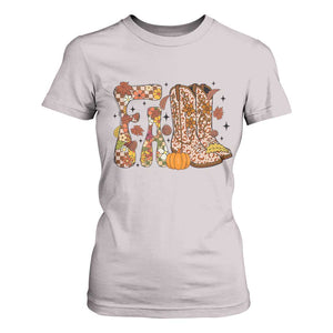 Cowboy Fall Season Thanksgiving Western Boots Pumpkin T Shirt For Women TS11 Ice Gray Print Your Wear