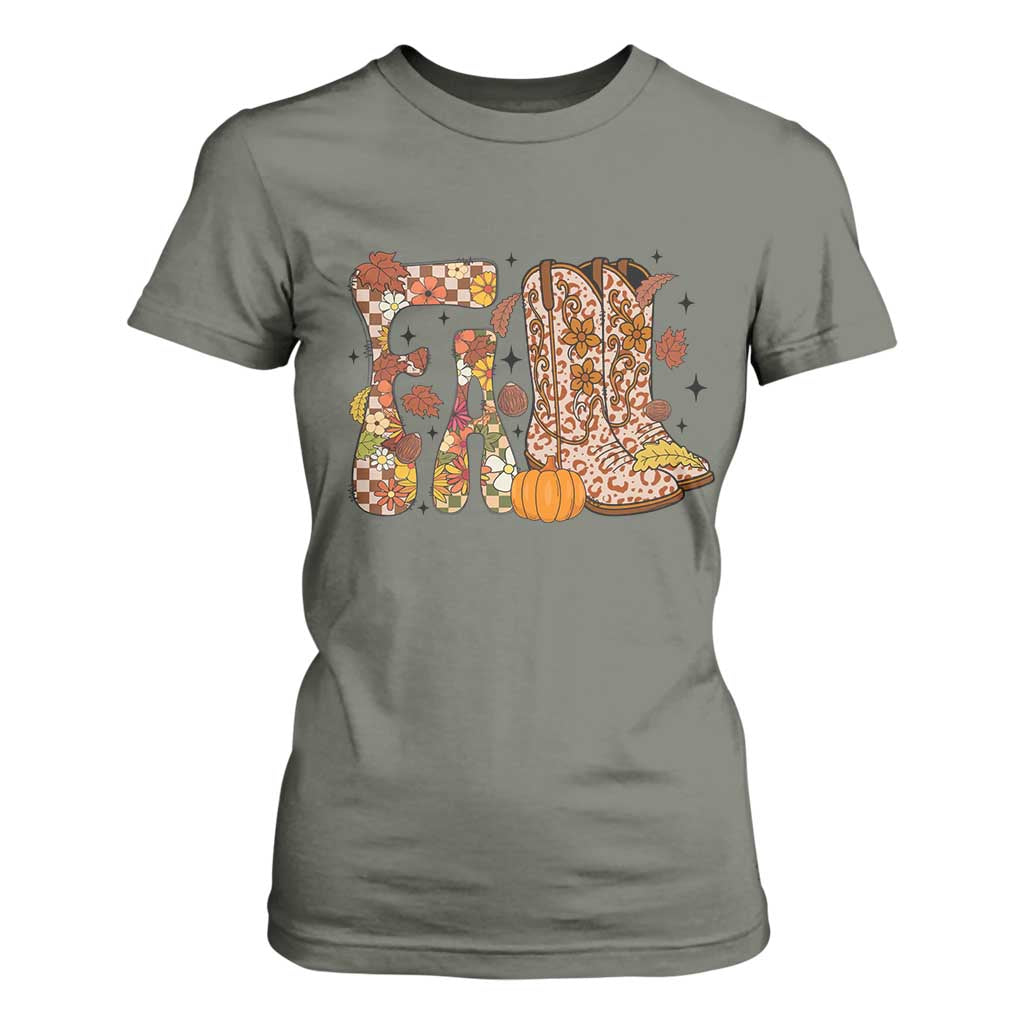 Cowboy Fall Season Thanksgiving Western Boots Pumpkin T Shirt For Women TS11 Military Green Print Your Wear