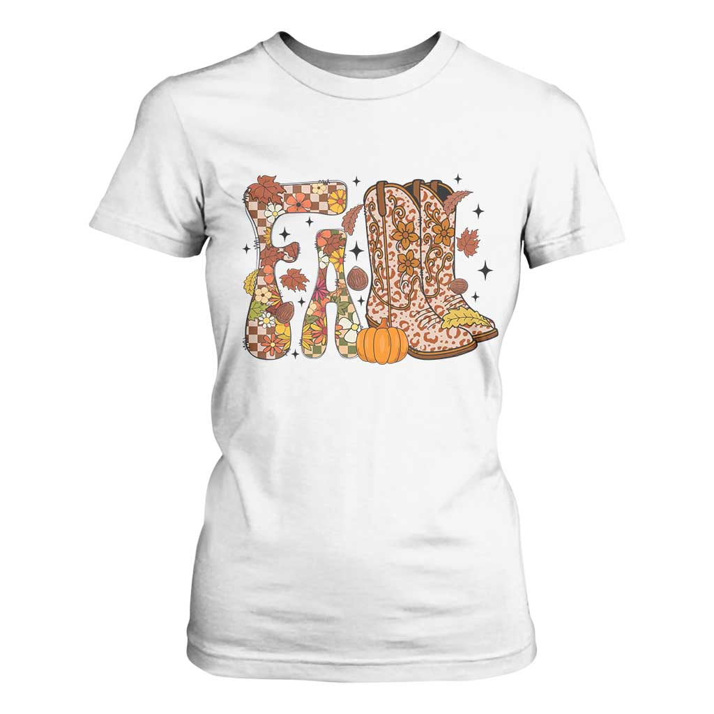 Cowboy Fall Season Thanksgiving Western Boots Pumpkin T Shirt For Women TS11 White Print Your Wear