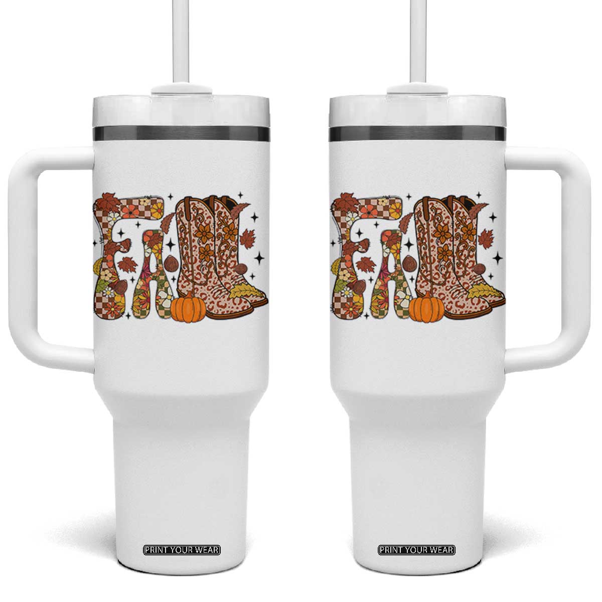 Cowboy Fall Season Thanksgiving Western Boots Pumpkin Tumbler With Handle TS11 One Size: 40 oz White Print Your Wear