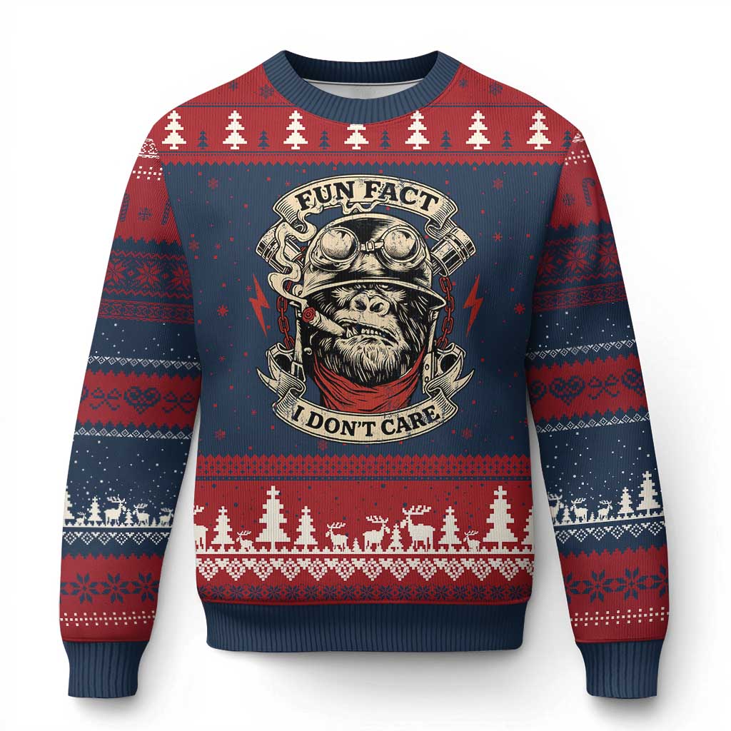 Fun Fact I Dont Care Ugly Christmas Sweater Funny Smoking Gorilla Sarcastic - Print Your Wear