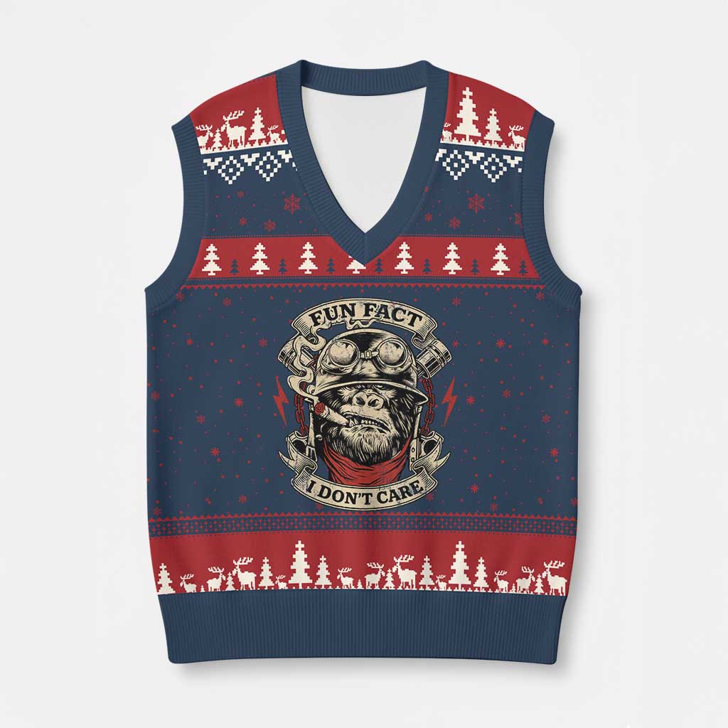 Fun Fact I Dont Care V-Neck Knit Sweater Vest Funny Smoking Gorilla Sarcastic TS11 Navy Red Print Your Wear