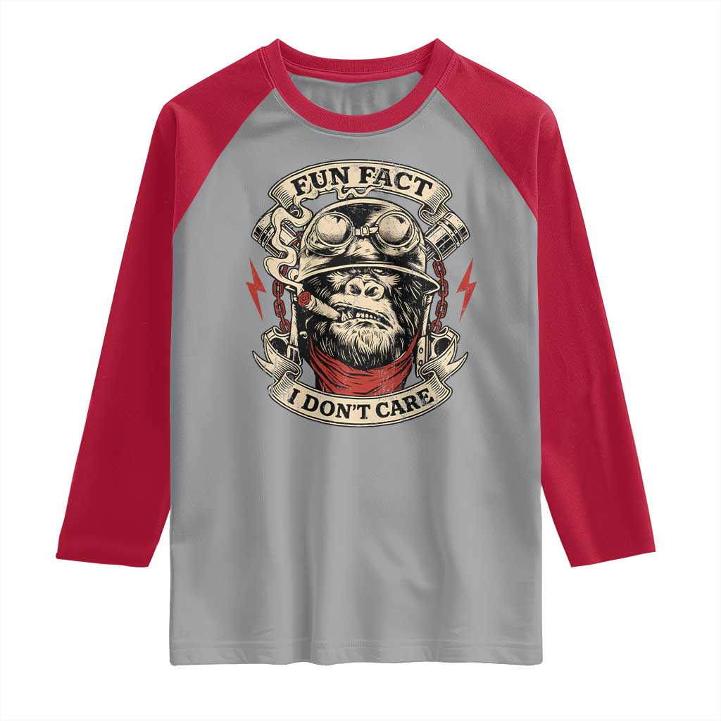 Fun Fact I Dont Care Raglan Shirt Funny Smoking Gorilla Sarcastic TS11 Sport Gray Red Print Your Wear