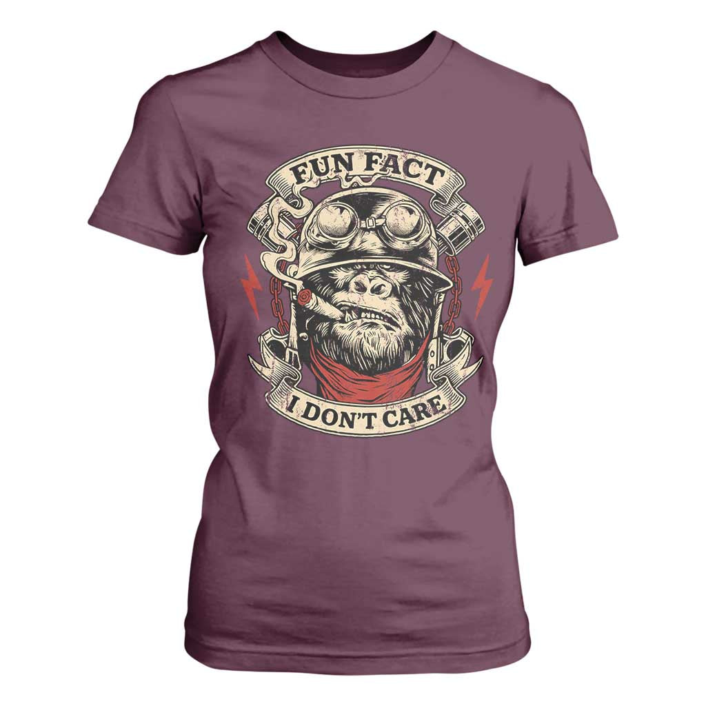 Fun Fact I Dont Care T Shirt For Women Funny Smoking Gorilla Sarcastic TS11 Maroon Print Your Wear