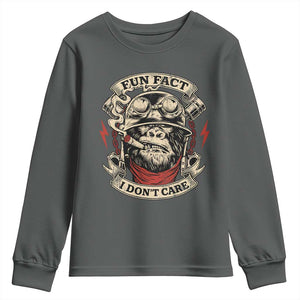 Fun Fact I Dont Care Youth Sweatshirt Funny Smoking Gorilla Sarcastic TS11 Dark Heather Print Your Wear