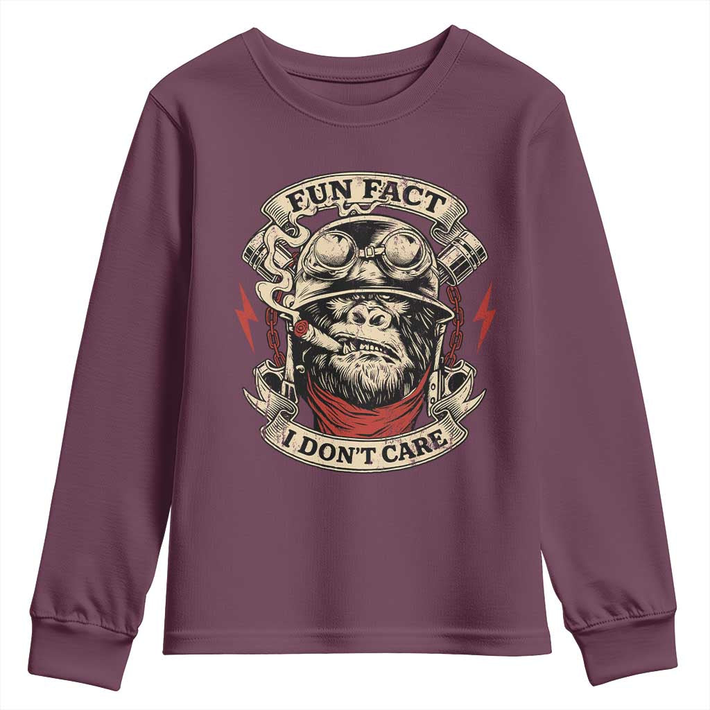 Fun Fact I Dont Care Youth Sweatshirt Funny Smoking Gorilla Sarcastic TS11 Maroon Print Your Wear