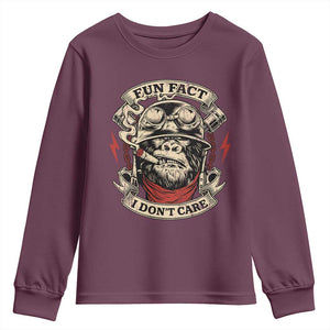 Fun Fact I Dont Care Youth Sweatshirt Funny Smoking Gorilla Sarcastic TS11 Maroon Print Your Wear