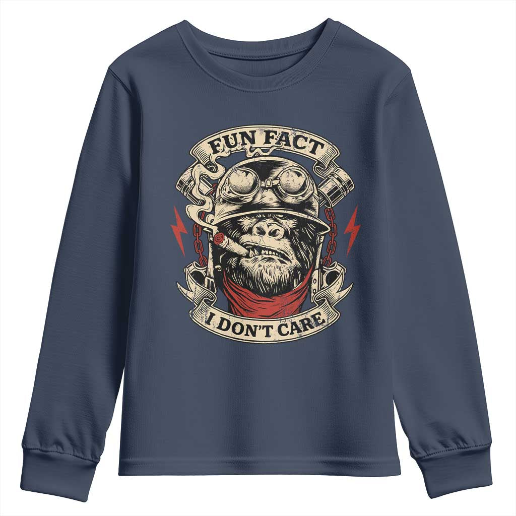 Fun Fact I Dont Care Youth Sweatshirt Funny Smoking Gorilla Sarcastic TS11 Navy Print Your Wear